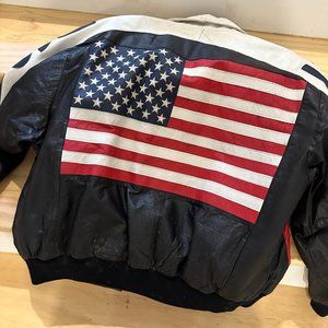 90s Michael Hoban Leather Jacket American Flag Black Red White USA Iconic 90s